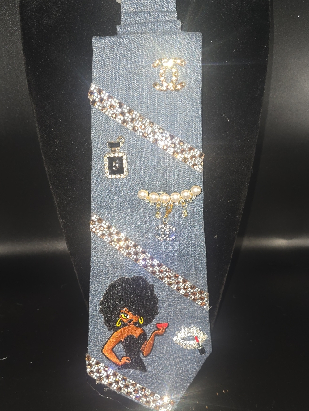 Designer-Inspired Embellished Denim Scarf with Crystal Accents - Blue